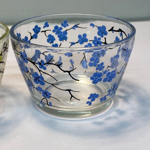 Vintage Floral Printed Glass Bowls Pink Yellow & Blue Flower Designs Set of 3 - Picture 2 of 11